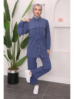 İndigo Cepli Bel Büzgülü Tunik Pantolon Takım