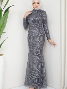 Gri Hakim Yaka Simli Abiye Elbise