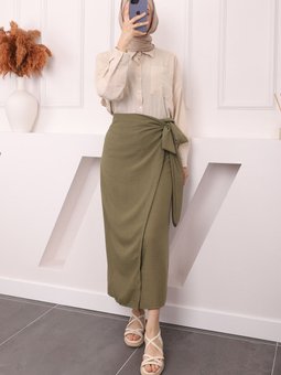 Haki Yan Bağlamalı Keten Etek