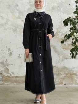 Broş Detay Düğmeli Gri Kot Kap