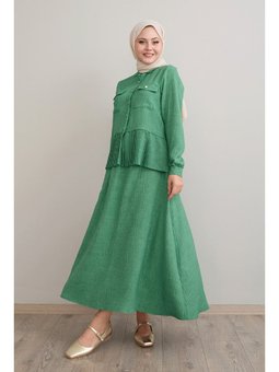 Piliseli Etekli Yeşil Keten Takım