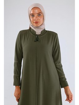 Kol Ve Yaka Nakışlı Yazlık Keten Ferace Haki