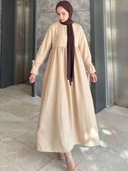 Düşük Kol Bağlamalı Keten Elbise