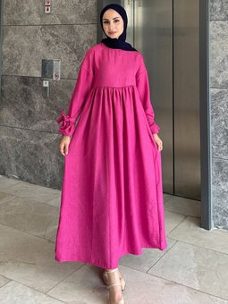 Düşük Kol Bağlamalı Keten Elbise