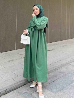 Düşük Kol Bağlamalı Keten Elbise