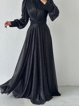 Drape Detaylı Simli Abiye Elbise Siyah