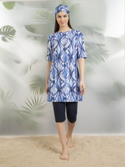 Mavi İnci Desen Yarım Kapalı Lycra Mayo