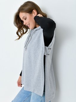 Kapüşon Gri Kapşon Yaka Uzun Düğmeli Oversize Sweatshirt Sweat Yelek Kolsuz Panço