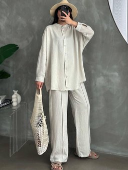 24y2282 Bej Pantolon Dikişli Keten Takım