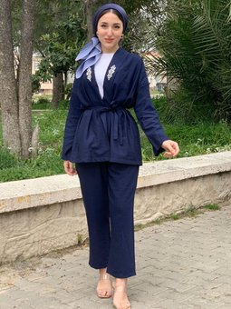 24y3209 Lacivert Kimonosu Taşlı Takım