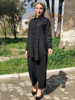 24y3279 Siyah Jakarlı Dama Desen İkili Takım