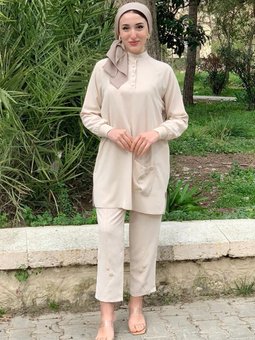 24y3286 Bej Puane Yarı Çıtçıtlı İkili Takım