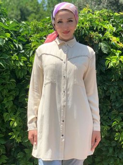 Bej Su Yolu Taşlı Tensel Gömlek Tunik