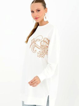 Ekru Boncuk Baskı Sweat