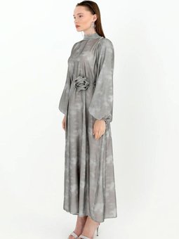 Gri Gül Kemerli Abiye Elbise