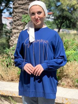 Lacivert Tonaton Zincir Nakışlı Sweat