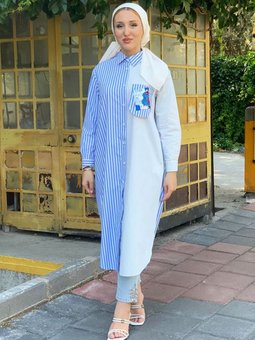 Mavi Cebi Saten Detay Poplin Uzun Tunik