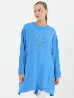 Mavi Jakarlı Yazı Nakışlı Tunik