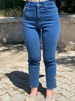 Mavi L Taşlı Likralı Kot Pantolon
