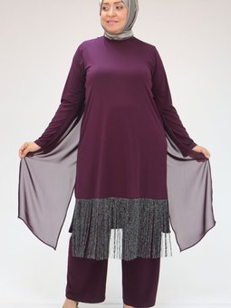 Mürdüm Büyük Beden Püskül Detaylı Arkası Şifon Pantolonlu Takım