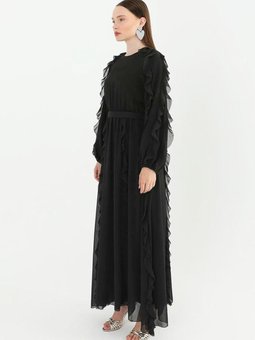 Siyah Fırfır Şifonlu Abiye Elbise