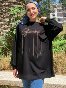 Siyah Tonaton Zincir Nakışlı Sweat