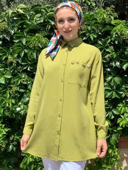 Yağ Yeşili Boncuk Taşlı Tensel Gömlek Tunik
