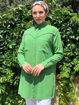 Yeşil Su Yolu Taşlı Tensel Gömlek Tunik