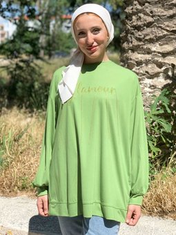 Yeşil Tonaton Zincir Nakışlı Sweat