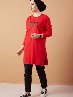 Kırmızı Icon Yazı Baskılı Sweat