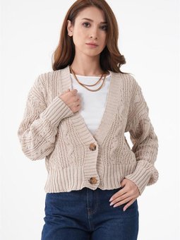 Çift Düğmeli Saç Örgü Hırka Vizon 01486 72