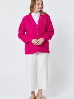 Desenli Fuşya Hırka