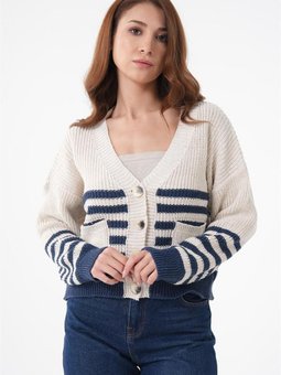 Düğmeli Çizgili İndigo Krem Hırka