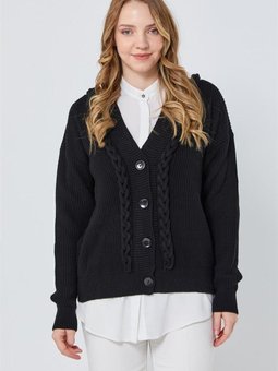 Örgü Detaylı Siyah Hırka