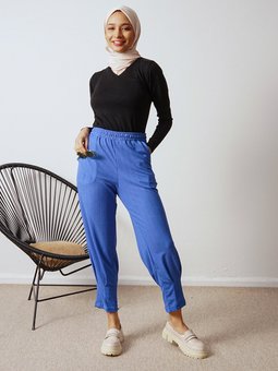 Kumaş Beli Lastikli Cepli Saks Mavisi Mavi Pantolon