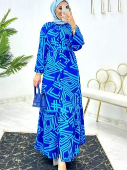 Mavi Kemerli Oversize Yazlık Viskon Elbise