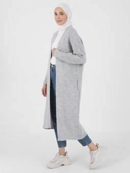 Gizli Cepli Triko Hırka Gümüş Melanj