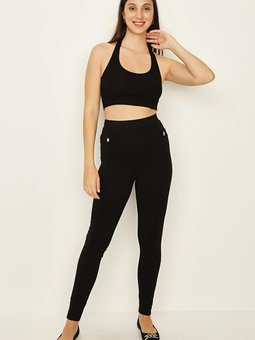 Siyah Gold Düğme Detaylı Tayt Pantolon