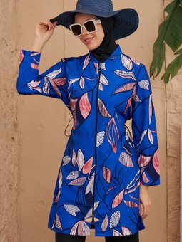 Lacivert Paraşüt Sarmaşık Desen Tam Kapalı Mayo