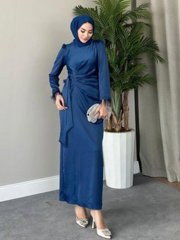 Kol Saçaklı Saten Abiye Elbise Lacivert