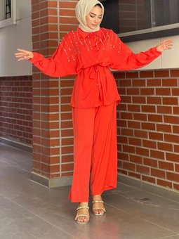 Önü Taşlı Pantolon Takım Turuncu