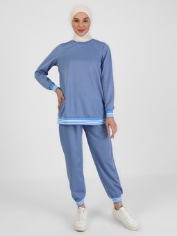 Kol Ucu Ve Paçada Ribana Detaylı Mavi Eşofman Takımı