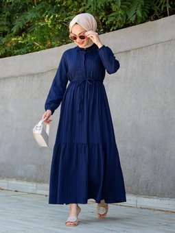 Nare Pamuklu Bürümcük Elbise Lacivert