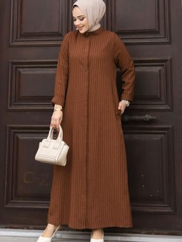 Boydan Gizli Düğmeli Çizgili Ferace Tsd240222 Kahverengi