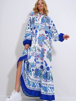 Beyaz Mavi Hakim Yaka Şal Desenli Maxi Boy Elbise Alc X11593