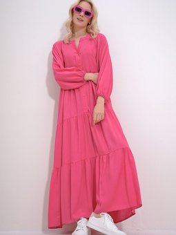 Fuşya Bisiklet Yaka Düğmeli Volanlı Eteği Büzgülü Viskon Elbise Alc X12057