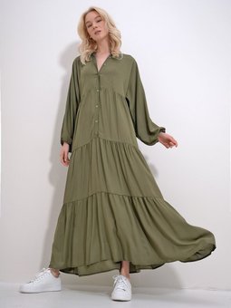 Haki Bisiklet Yaka Düğmeli Volanlı Eteği Büzgülü Viskon Elbise Alc X12057