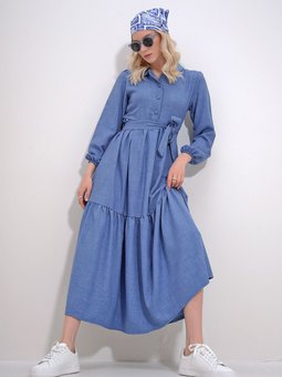 Havacı Mavi Önü Düğmeli Eteği Volanlı Flamlı Keten Maxiboy Elbise Alc X12045