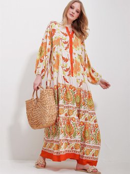 Turuncu V Yaka Önü Düğmeli Desenli Maxi Boy Dokuma Viskon Elbise Alc X11584