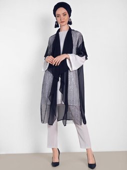 Lacivert Pullu File Detaylı Şifon Yelek 4314